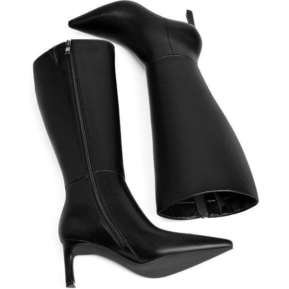 MIRAAZZURRA Women Black Knee High Boots Pointed Toe Kitten with Side Zipper - Picture 6 of 9